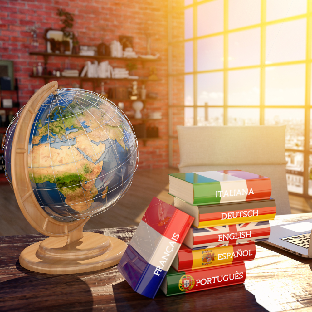 World map and language books