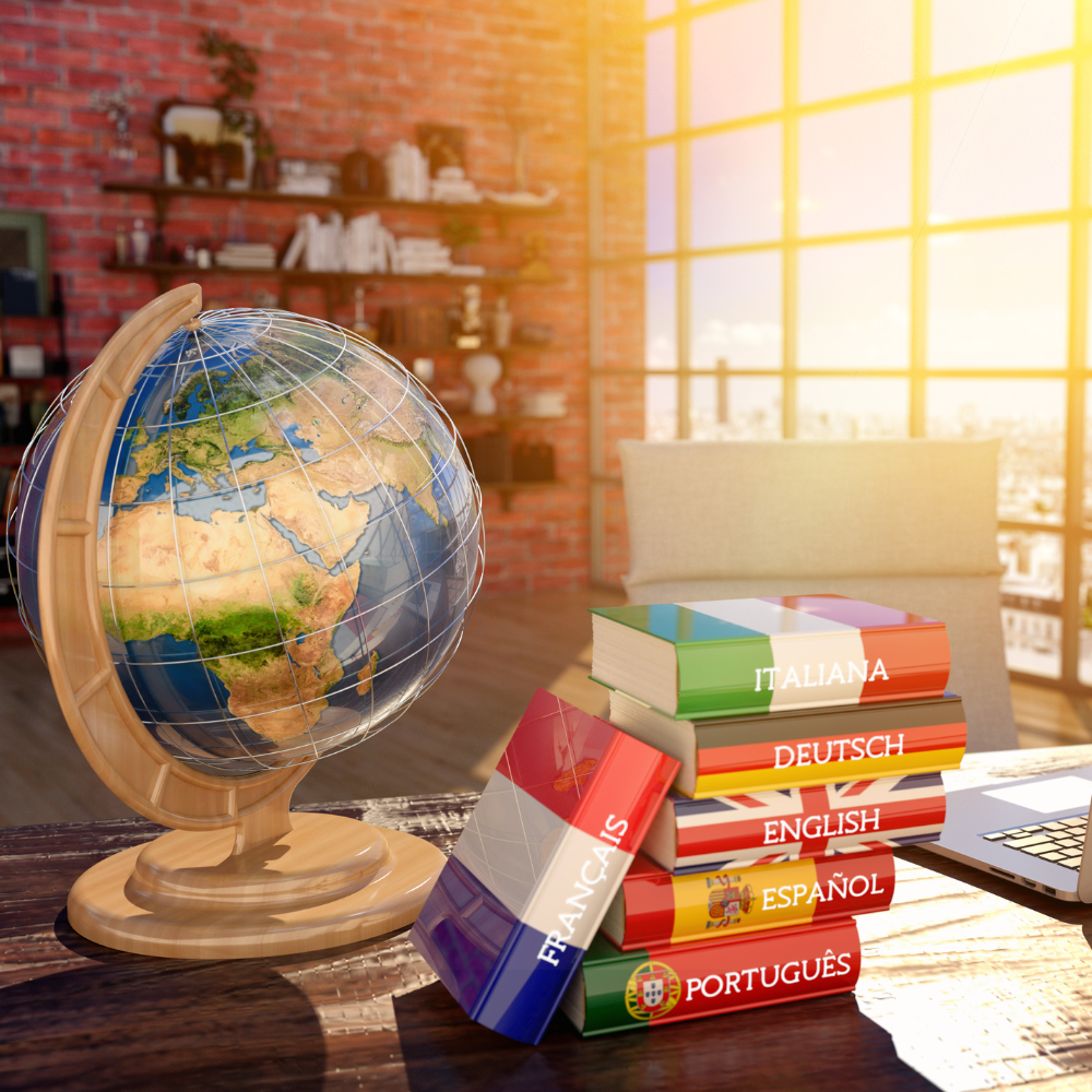 World globe and language books
