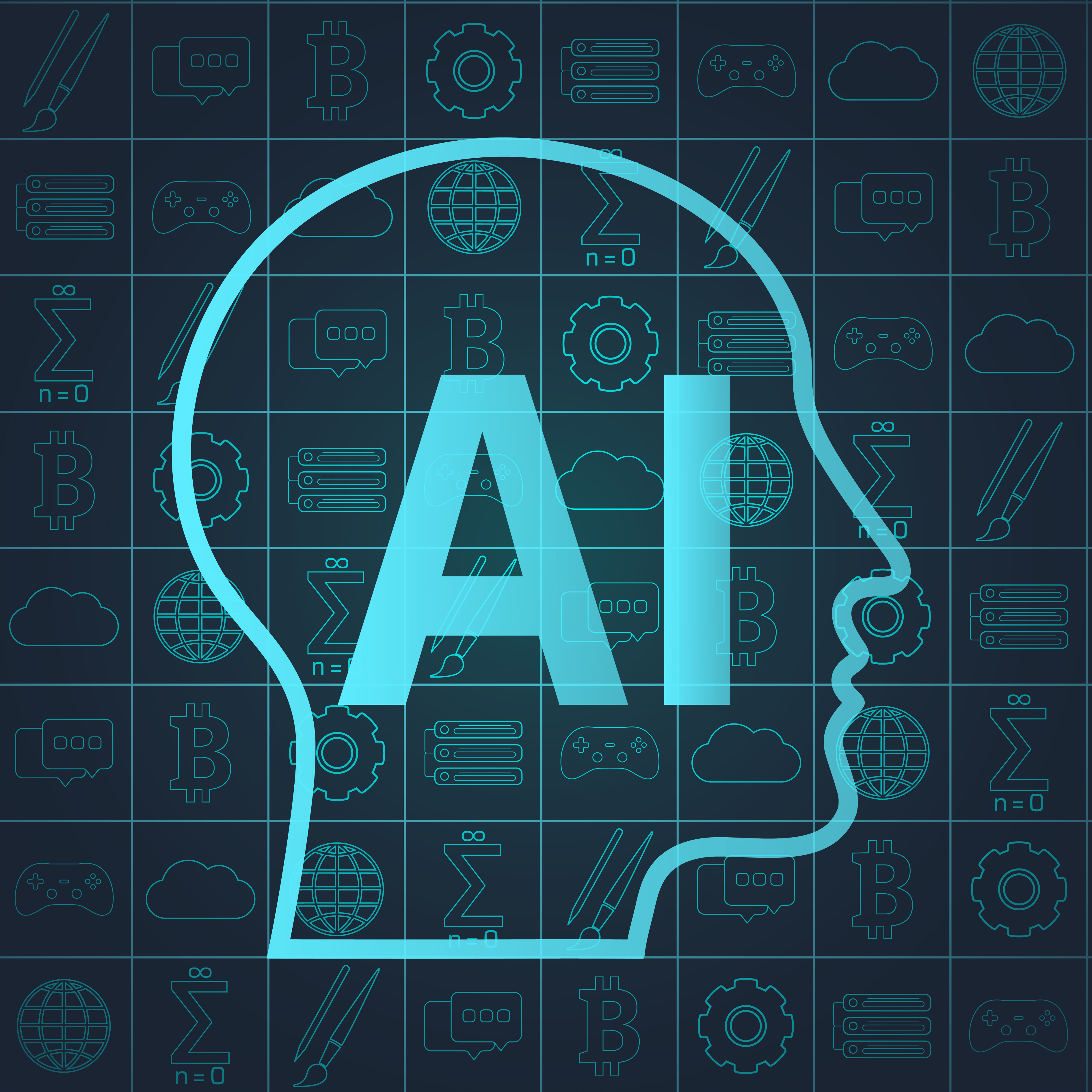 Blue outline of a person's head with letters A.I. inside